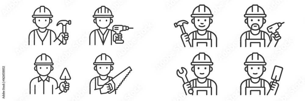 Poster construction workers engaged in various tasks and showing tools at a worksite with safety helmets an