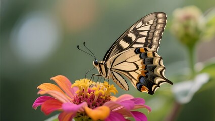 Obraz premium A swallowtail butterfly perched delicately on a vibrant zinnia flower, showcasing its intricate wing patterns.