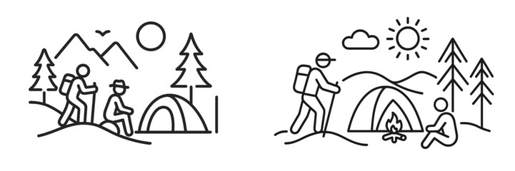 Camping and hiking adventures in the mountains surrounded by nature and scenic views during a sunny day in the wilderness