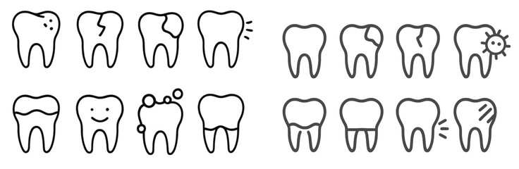 Simple illustrations of various dental conditions and health indicators for educational purposes
