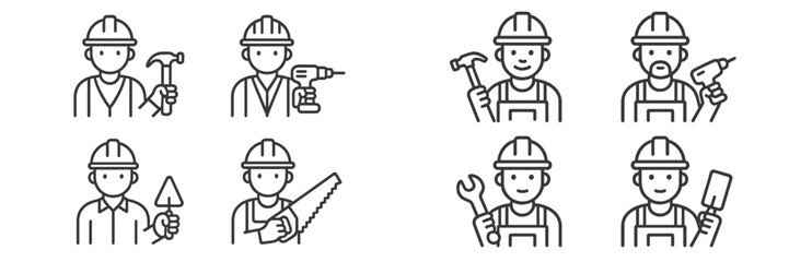 Construction workers engaged in various tasks and showing tools at a worksite with safety helmets and focus on teamwork