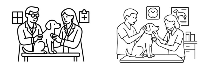 Veterinarians caring for a dog in a clinic during a routine health check-up in an animal hospital setting