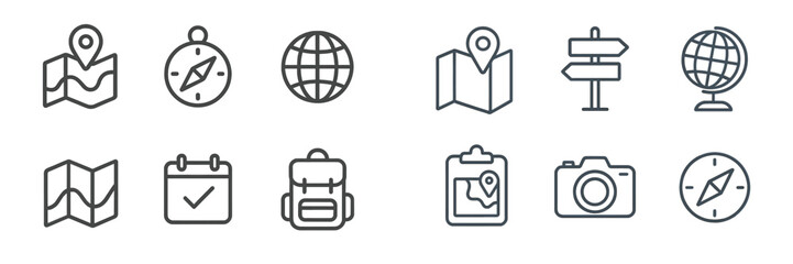 Collection of travel and navigation icons illustrating maps, compasses, and globes for various activities and planning needs