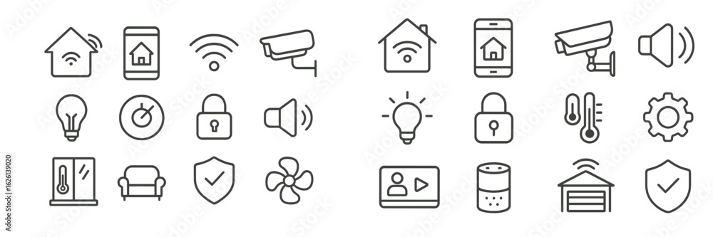 Poster collection of smart home icons representing various devices and functionalities for modern living an