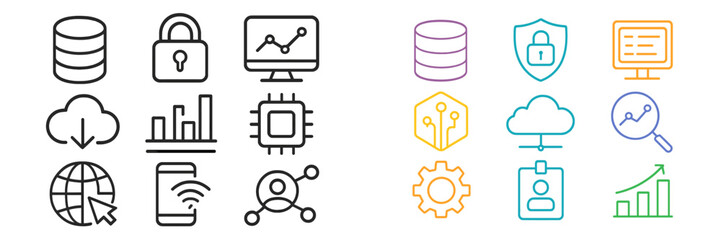 Collection of technology icons representing data security, analytics, and cloud computing concepts in a modern layout
