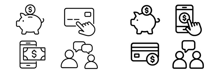Financial concepts illustrated with simple icons depicting saving, spending, and communication about money