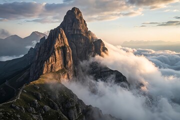Cinematic Mountain Peak Emerging Through Rolling Fog at Dawn &ndash; Mysterious Landscape Photography