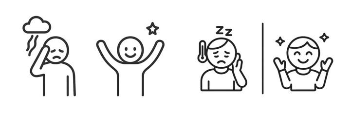 Emotions illustrated through simple icons showing feelings of sadness, happiness, sleepiness, and excitement in a minimalistic style