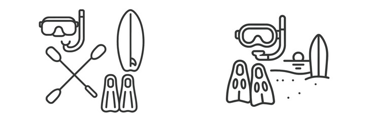 Enjoying water sports with snorkel gear and surfboards at a sunny beach location