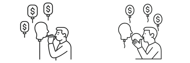 People engaging in a creative brainstorming session with dollar signs and balloon concepts illustrating ideas for profit generation