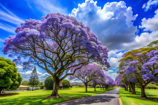 A stunning jacaranda tree showcasing its vibrant purple flowers, creating a picturesque scene along a park avenue on a clear day