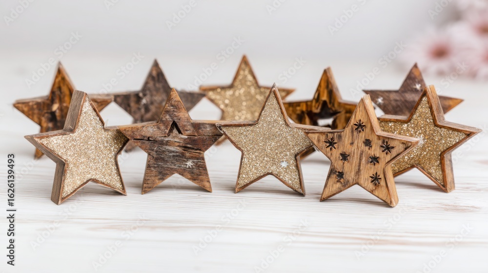 Poster arrangement of wooden stars on a white table creating a unique and charming display for decorative p