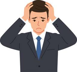 A distressed businessman with his hands on his head, expressing worry or frustration.