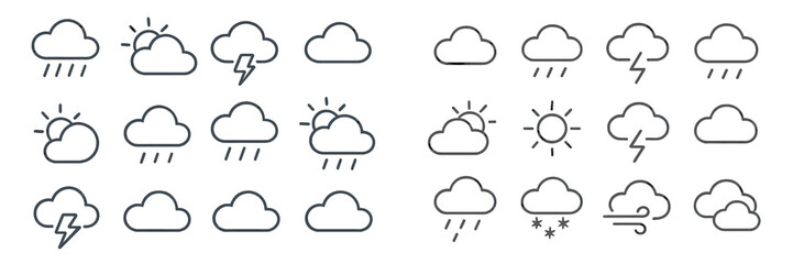 Weather icons representing various conditions including sun, rain, thunderstorm, and snow in a minimalistic design
