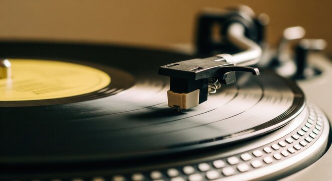 Close-up of a stylus on a spinning vinyl record on a turntable