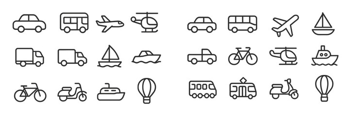 Various transportation icons depicted in a minimalistic style showcasing cars, boats, planes, and bikes in a single frame