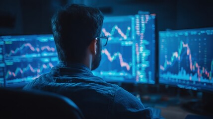 Man analyzing financial data on multiple screens in a dynamic real-time trading interface concept for live execution