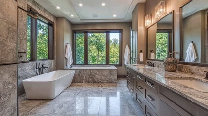 Fototapeta premium Luxurious modern bathroom with large windows, soaking tub, and double vanities.