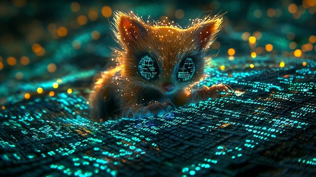Cyber quokka with digital fur and holo eyes surfing data streams across a matrix jungle lit with shifting codes