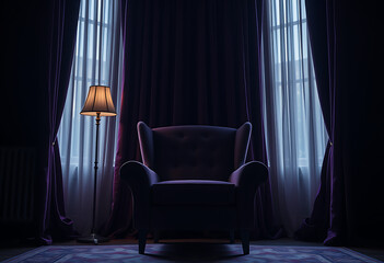 Dark room with armchair, lamp, and curtains creates a moody atmosphere