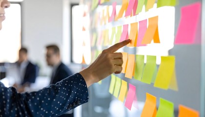 Close-up of a person's hand pointing at colorful sticky notes on a glass board during a collaborative brainstorming session.