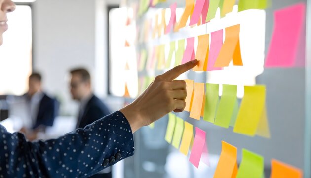 Close-up of a person's hand pointing at colorful sticky notes on a glass board during a collaborative brainstorming session.