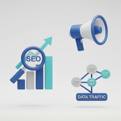Isometric business icons including charts graphs notification calendar and various other symbols displayed
