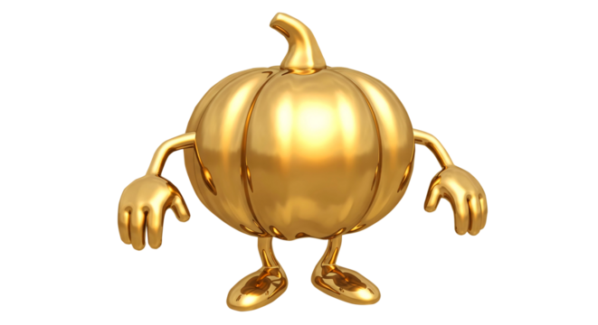 Golden Pumpkin Character with Arms and Legs Standing on a Transparent Background 