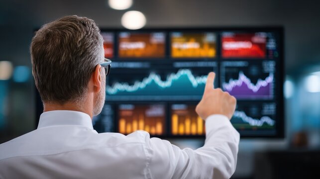 Investor Reviewing Market Data: A focused investor in a modern office setting analyzes real-time market data displayed on a large screen, contemplating financial strategies