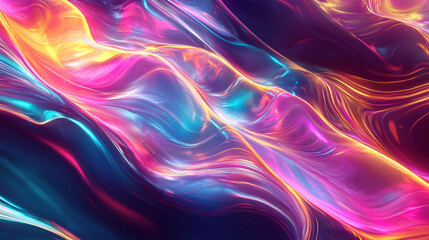 Fototapeta premium Glowing iridescent abstract textures with vibrant holographic energy, featuring fluid waves of neon pink, blue, and yellow hues creating dynamic and high fidelity visual effect