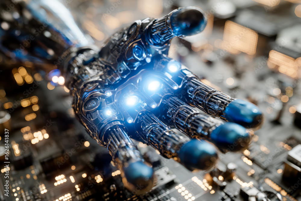 Poster close-up of a robotic hand interacting with a circuit board, highlighting advanced artificial intell