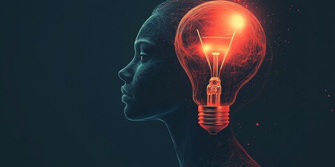 Glowing lightbulb inside woman's head, idea concept.