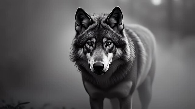 Immerse viewers spellbinding ultra high definition 4K monochrome portrait where lone wolf partially veiled drifting theatrical smoke stares directly camera infusing frame ominous wilderness intensity