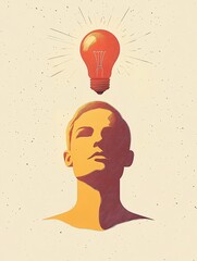 Flat line infographic illustration of a pastel yellow human figure with a pastel red light bulb above the head
