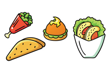 Assortment of delicious fast food items such as tacos, a burger, and a chicken leg, presented on a clean white background