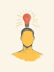 Flat line infographic illustration of a pastel yellow human figure with a pastel red light bulb above the head