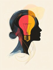 Woman's silhouette with lightbulb; idea, innovation, creativity concept.
