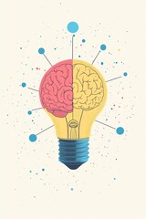 Minimalist oneline drawing in pastel blue creating a pastel yellow light bulb connected to a pastel red halfbrain