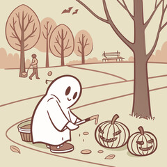 A hooded figure with a knife walking on a path with pumpkins and trees in an autumn landscape scene