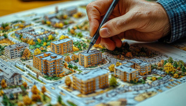 Architect reviewing a detailed scale model of a residential development