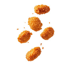 Crispy golden chicken nuggets appear to be falling through the air against a clean transparent background