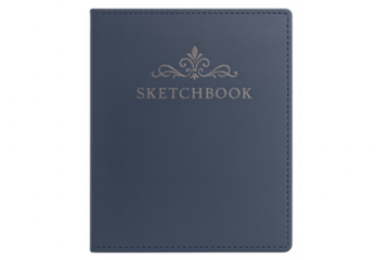 Closed blue sketchbook with embossed decorative pattern and stitching, isolated on transparent background, perfect for creative projects