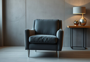 Comfortable gray armchair in a modern living room with a lamp on table