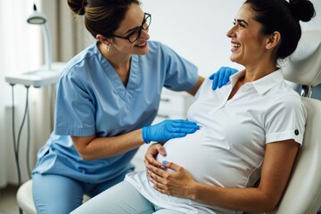 Fototapeta premium Comforting a Pregnant Woman during a Teeth Whitening Treatment by a Dental Hygienist