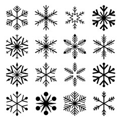 Collection of Sixteen Unique Black and White Snowflake Designs Winter Holiday Season Festive Graphic Elements and Christmas Decoration Ornaments