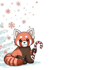 A cute illustration of a red panda holding a candy cane in a whimsical winter setting, surrounded by snowflakes and pine trees.