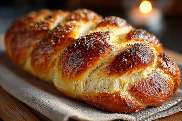 Braided challah bread served on a wooden cutting board  