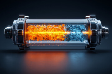 Futuristic fuel cell containing ketone molecules in glowing orange and blue liquid, scientific medical concept with abstract sci-fi aesthetics