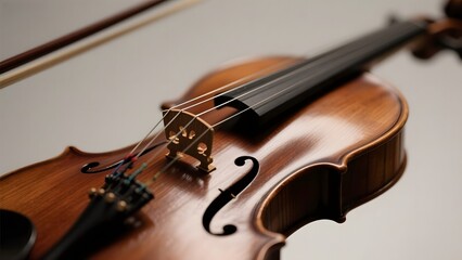 Fototapeta premium Close-up of a Violin with Bow, Highlighting Its Wooden Texture and Strings