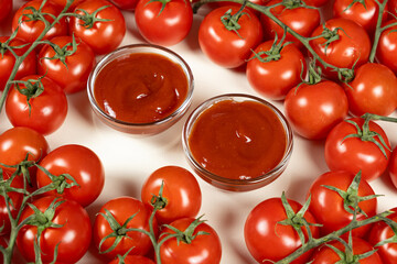 Natural Ketchup in Sauce Dishes with Organic Tomatoes Around.